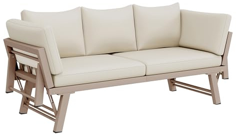 DRIXNO Gartenbank, Gartenmöbel-Set, 3-Sitzer-Sofa, Lounge Möbel Outdoor, Sitzbank mit Schlaffunktion, Sonnenliege Gartenliege mit Auflagen und klappbaren Armlehne, Balkonmöbel, Balkonsofa, Beige