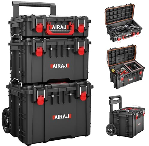 AIRAJ Schwerlast-Werkzeugkoffer mit Rollen,Stapelbarer Werkzeugkoffer Leer | IP54 Wasserdichte Werkzeugkiste für Handwerkzeuge & Elektrowerkzeuge,Robuste All-Terrain-Räder,ausziehbarer Teleskopgriff