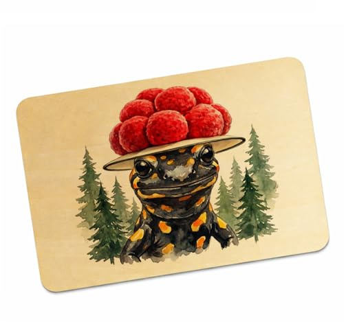 speecheese Feuersalamander mit Bollenhut Postkarte aus Holz Schwarzwald Motiv Lustige Naturholz Postkarte für Tierfreunde und Schwarzwaldliebhaber
