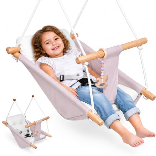 Altalena per Bambini da Interno ed Esterno 3 in 1, Altalena Sospesa in Legno con Cintura di Sicurezza e Cuscino in Cotone, Altalena sospesa e seggiolino, Sedia a Sdraio per Bambini, 6-36 Mesi