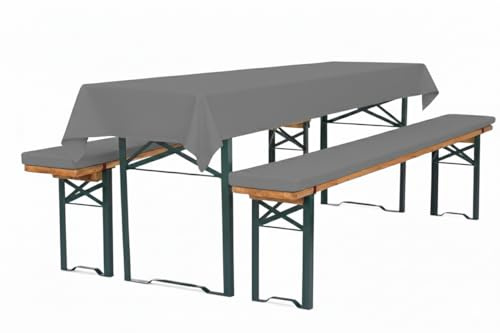 TexDeko® XL Bierbankauflagen 3-TLG Set extra dick mit Tischdecke Grau | Premium Auflagenset gepolstert 220x25x4cm für Bierzeltgarnitur, waschbar mit Reißverschluss, inkl. Tischdecke 250x100cm