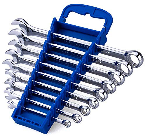 Max Torque 9-teiliges Premium-Ringmaulschlüssel-Set, Standard-Zoll-Größen von 1/4 Zoll bis 3/4 Zoll, mit Rack-Organizer, Chrom-Vanadium-Stahl, langes Muster, spiegelnde Chrom-Oberfläche, offene und