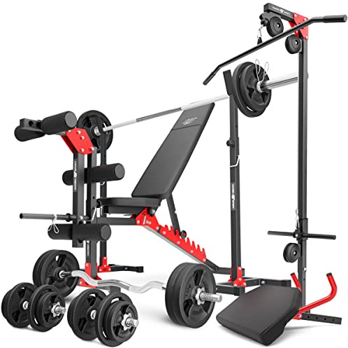 Marbo Sport Set MH25 – verstellbare Hantelbank, 2-teiliger Langehantelständer, Latzug, Curl-Bank, Beintrainer, Verschiedene Hantelstangen + Gewichtsscheiben/gummierte Gewichtsscheiben, 83/113 insg.kg