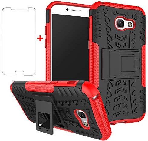Asuwish Handyhülle für Samsung Galaxy A5 2017 Hülle mit Glas Folie Panzerfolie Schutzfolie und Ständer SM-A520F SM A520F Slim Hard Handy Hüllen Schutzhülle Phone Case Männer Rot