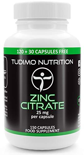 Citrato de Zinc Capsulas 25mg - 150 Cápsulas (5 Meses de provisión) de Desintegración Rápida, Pastillas de Zinc con 25 mg de Polvo de Zinco Suplemento (Zinc Citrate Supplement)