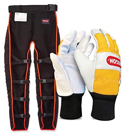 OREGON Chaps with Protective Chainsaw Apron, Adjustable Chainsaw Chaps, One Size Fits All, PPE Clothing Safety Trousers, Black, Type A & Chainsaw Protective Gloves, Leather – Pair (M)