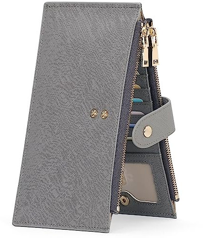 GOIACII - Portefeuille long pour femme avec fermeture éclair et blocage RFID pour cartes de crédit, gris clair, S