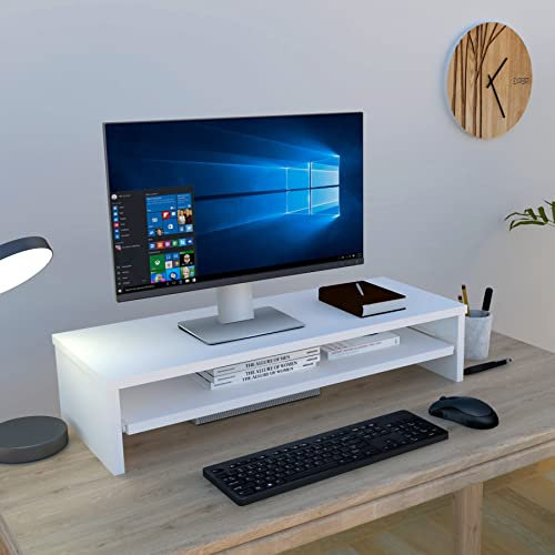 Henor Soporte Monitor de Madera FSC® con Bandeja Extraíble 82 x 32 x 18 cm. Soporta 50 Kg. Blanco