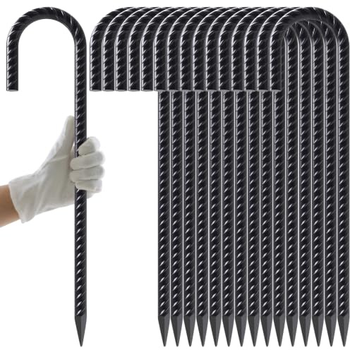 AAGUT 40,6 cm Bewehrungsstäbe, 0,95 cm J-Haken (16 Stück), robuste Stahl-Bodenanker, Zeltheringe, Erdspieße mit Meißelspitzenende für Maschendrahtzaun, Schwarz