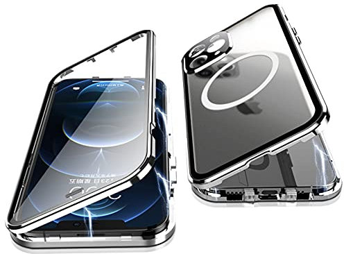 Case for iPhone 12 Pro Max, Jonwelsy 360 Degree Double-sided Protection Compatible with Magsafe Magnetic Adsorption Metal Bumper Front Tempered Glass Back Frosted PC Cover for 12 Pro Max 6.7 (Silver)
