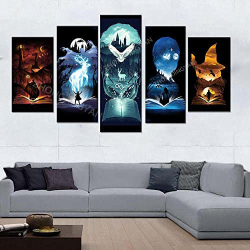 YUANJUN Mit Rahmen Vlies Leinwanddrucke 5 Teilig Kunstdruck Leinwand Bild XXL Format Wandbilder Wohnzimmer Wohnung Deko Gerahmtes Harry Deer Potteres Aquarell