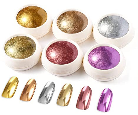 BISHENGYF Metallic Glitzer Pulver, Spiegel Effekt Chrome Pigmente für Nagelkunst und Nageldesign Starter(6 Stücks)