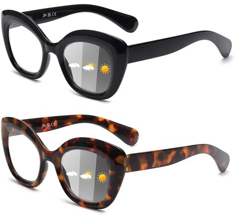 JM 2 Pack Photochrome Lesebrille für Frauen, Katzenauge Blaulicht Blockieren Federscharnier Computer Sonnenbrille,Schwarz Schildkröte +1.25