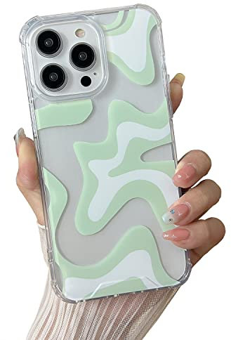 Sayoaho Compatible with iPhone 12 Pro/iPhone 12 Phone Case, Cute Art Wavy Painted for Women Girls, Soft TPU Edge PC Back Protective Shockproof Phone Case-Green (iPhone 12 Pro/iPhone 12)