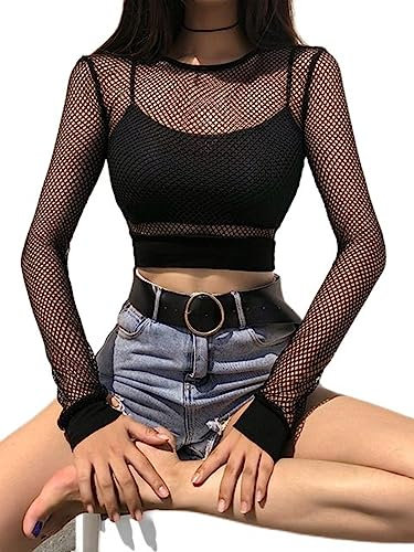 WSZJLN Sexy Negro Ahueca hacia Fuera la Camiseta de Malla Femenina Skinny Crop Top Moda Verano Tops básicos para Mujeres Camisa de Rejilla