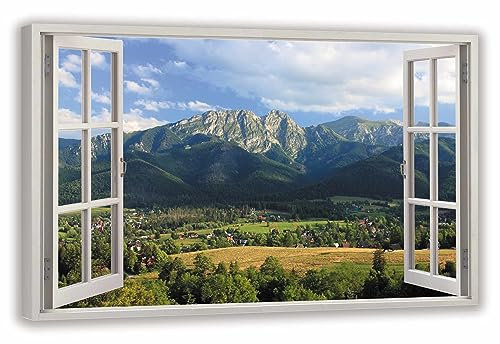 HUBDECO Leinwandbild Fensterblick Stadtpanorama Bild 70x50 cm - Landschaftsbilder auf Leinwand - Wandbilder Wohnzimmer - Bild Fenster mit Ausblick - Aesthetic Room Decor - Wanddeko Schlafzimmer