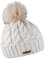 SABBOT Klassisch Damen Mütze mit Pelzbommel, Fleece-Futter, Wintermütze, Strickmuster, Warme Kappe mit Kragen (Beige)