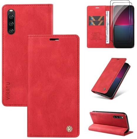 Beajew kompatibel mit Sony Xperia 10 V Hülle [Mit 2 Stück Panzer Schutz Glas] Premium Leder Stoßfest Schutzhülle Kartenfach Klapphülle Handyhülle für Sony Xperia 10 V, Rot