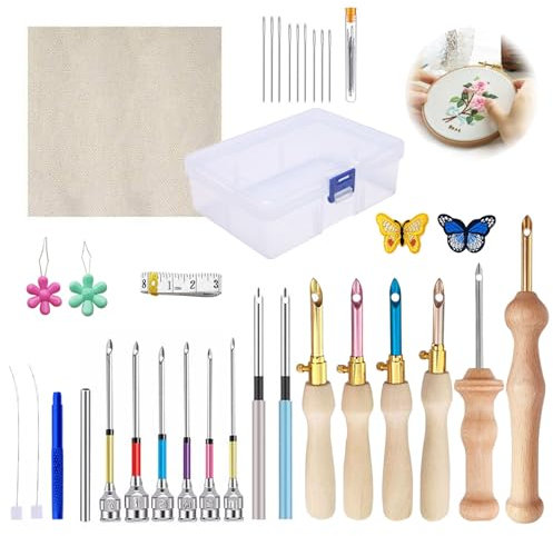 mumisuto 35 Pièces Broderie D'Aiguille de Poinçon Kit Punch Needle avec Manche en Bois, Kit D'aiguilles à Broder, Ajustables Punch Needle pour Adultes Débutants pour la Broderie Sur Tissu