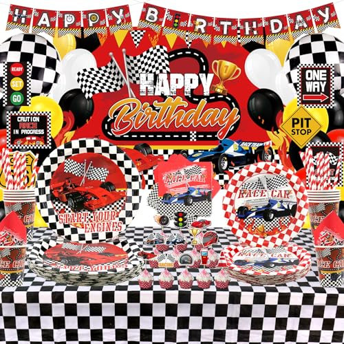 Obussgar Racing Birthday Party Decorations - Race Car Party Supplies including Banner, Backdrop, Cake Topper, Plate, Cup, Napkin, Balloon, Tablecloth - Serves 20