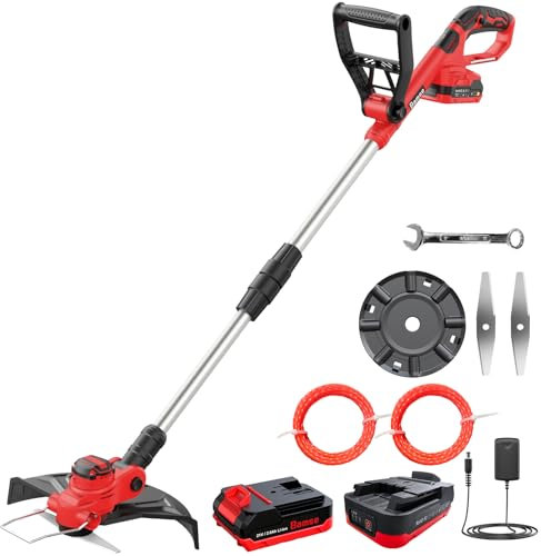 Coupe Bordure sans Fil 21V, Bamse Débroussailleuse à Batterie Brushless avec 2 Batteries 2.0Ah, 2 Lames, 2 Lignes de Coupe, Poignée Réglable, Tube Télescopique, Tête Pivotante 90° pour Jardin Élagage