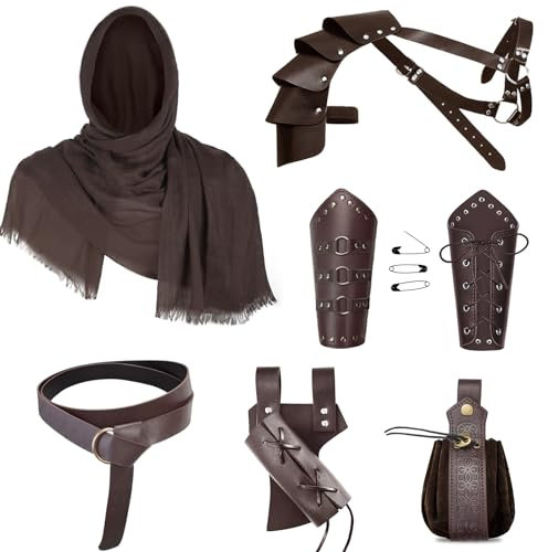 YORDET Mittelalter Ritter Zubehör Männer Renaissance Leder Gürtel Schal Retro Schal Armschienen Gürtel Tasche Armschienen Retro Zubehör Set, Schwarz, Einheitsgröße (Braun)