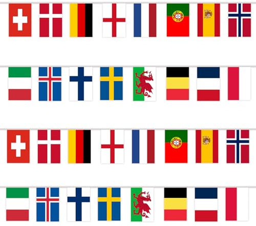 YOFANUP Wimpelkette Europäische Länderflaggen, 24 Länderflaggen – 26 Fuß/8.5 m, Doppelseitige Flagge, Fahnenkette für Bar, Restaurant, Garten und Schule