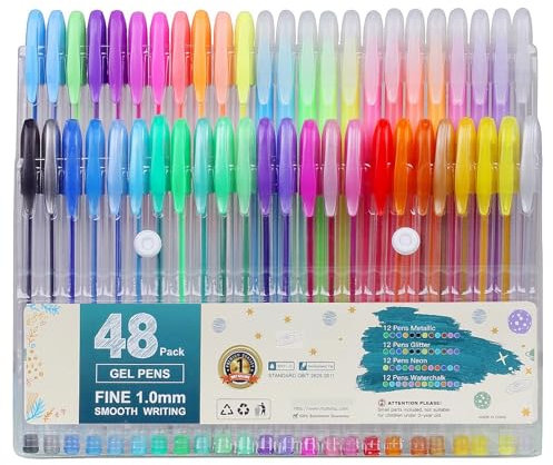 Betarami 48 Stück Multicolor Gel Stift Set, Inklusive 12 Glitzer, 12 Metallic, 12 Neon, 12 Waterchalk, 1.0 mm Gelstifte für Künsterbedarf Erwachsene Malbücher, Zeichnen