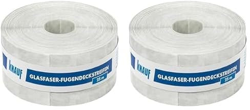 Knauf Glasfaser-Fugendeckstreifen zum lückenlosen Verspachteln von Fugen – Bewehrungs-Streifen zum Verfugen von Gipskarton-Platten bzw. Gipsfaser-Platten, 50 mm x 25 m (Packung mit 2)