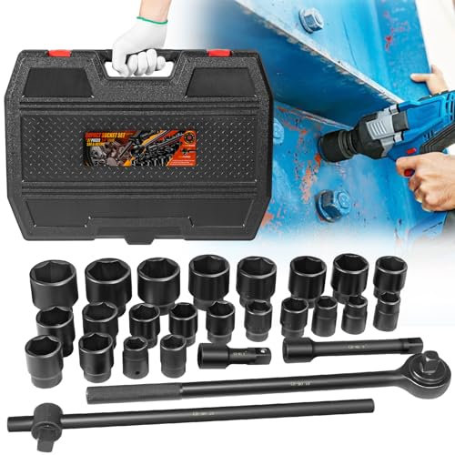 3/4-inch-drive shallow impact socket SAE and Metric Shallow-Socket Tool Set, SAE 7/8 to 2 and Metric 26 to 38 mm, 27 Pieces