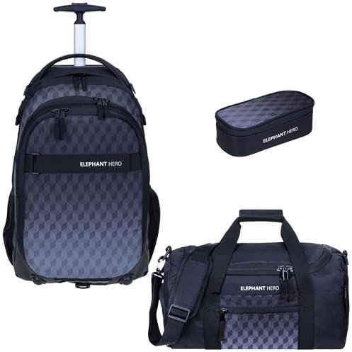 Elephant 3 Teile Set Trolley Hero Signature Schultrolley Schulranzen Trolly Sporttasche Mäppchen 12800 (Black Cube 12869)