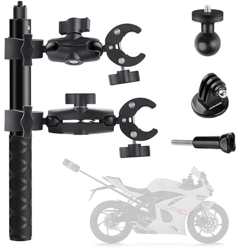 Aolawco Upgraded 360 Grad Kamerahalterung mit Doppelklemme und Fünfstufig Verstellbarer Selfie-Stick, Motorcycle Mount für Insta360 X4 X3 X2 ONE RS Ace Pro Ace Hero 12/11/10