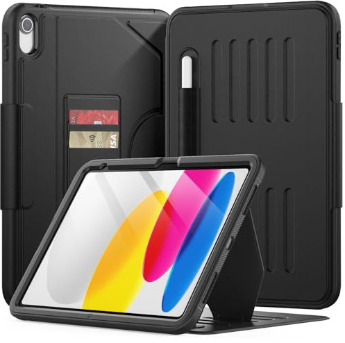 KAIJIAbox Case for iPad (A16) 11th Generation 11 Inch 2025&iPad 10th Generation 10.9 Inch 2022,Shockproof Cover with Magnetic Multi-Angle Stand,Pencil Holder and Card Slot, Auto Wake/Sleep(Black)