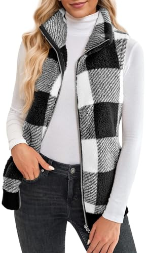 Maeau Women's Fleece Gilet Checked Jacket Bodywarmer Sleeveless Coat Plush Vest Jacket Ladies Zip-Up Waistcoat with Pocke Lightweight Outwear for Autumn Winter