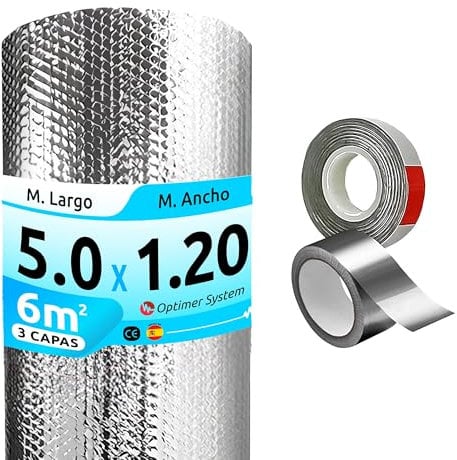 AISLANTE TERMICO MULTIUSOS PREMIUM| Reduce el Frio y el Calor | Rollo Aislante Termico para Ventana, Pared, Suelo, Techo, Coche, Garaje,Camper ( 5x1.20m | 6m² + 2 Cintas Adhesivas)