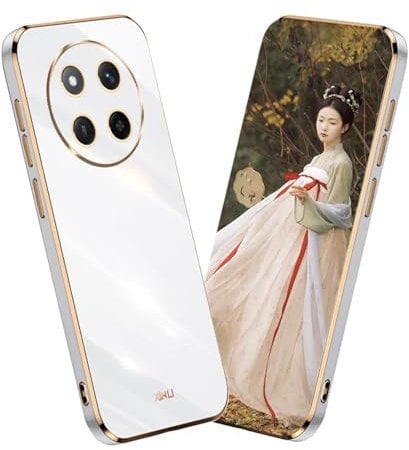 YUEQIAN Case for Honor Magic 7 Lite 5G (Magic7 Lite)/X9c, Ultra Thin Slim Soft Silky TPU Bumper Silicone Shockproof Case, Elegant Electroplated Gold Edge Anti-fall Women Girls Cover, White