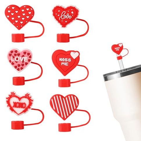 6pcs Heart Shape Straw Covers for Stanley, PVC Valentine's Day Straw Toppers Heart Straw Cap Valentines Straw Covers Accessoire for Tumblers with Handle for Stanley Cup 30oz 40ozz