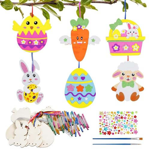 HTTDSLF Ostern Basteln Kinder, Windspiel Bastelset Kinder, 7 Stück Osterhase Windspiel Bastelset, Holz Osterbasteln, für Mädchen Junge