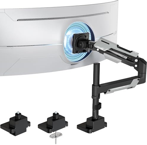 ARES WING Supporto singolo per monitor, braccio ultrawide per monitor da 24 a 57 pollici, resistente schermo curvo, braccio regolabile con molla a gas fino a 29,9 kg con supporto VESA 75/100/200, nero