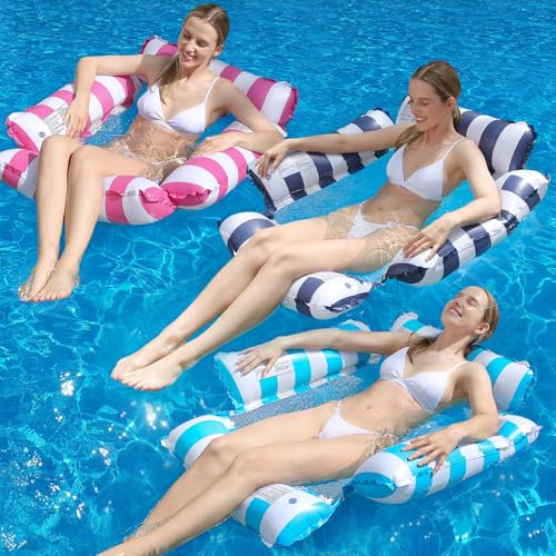 ROUSKY Chaise de piscine gonflable pour adultes et enfants - Hamac flottant à motif à rayures pour piscine - Fête d'été - Plaisir aquatique (bleu marine + bleu clair + rose)