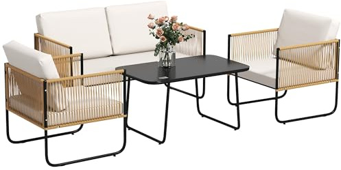 Outsunny 4-TLG. Rattan-Gartenmöbel-Set, Outdoor-Wohnzimmer mit 2-Sitzer-Sofa, 2 Sesseln, rechteckigem niedrigem Tisch und abwaschbaren Kissen, in Stahl, Holz und Creme
