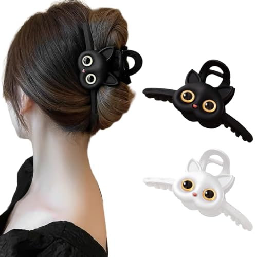 NJCXOLA Lot de 2 pinces à cheveux plates pour femme, Pinces à cheveux plates, Clip à gratter Tenue solide, Pinces latérales - Chat (Noir & blanc)