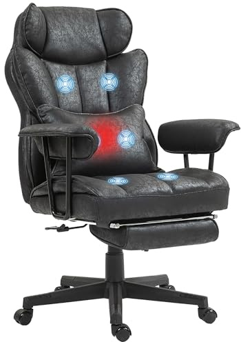 HOMCOM Office Chair with 6 Point Massage and Heat, Ergonomic Desk Chair with Foot Rest, Lumbar Support, Reclining Function and Wide Seat, Height-Adjustable High Back Swivel Rolling for Home, Black