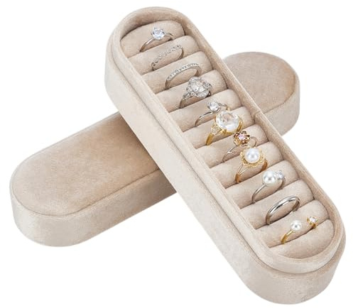 FINGERINSPIRE Scatola Portagioie Ovale In Velluto con Motivo Floreale Bianco 18.1x5.5x5.7cm Piccola per Anelli Multipli con Fodera In Velluto Custodia Compatta per Riporre Anelli e Orecchini A Bottone