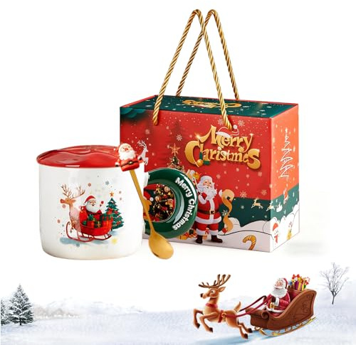 Snyvpra Weihnachtstassen Set mit Deckel und Löffel - Christmas Mug mit Weihnachtsmann Design, Ideal als für Frauen, Freunde und Familie, Lustige Weihnachtsgeschenke Kleinigkeiten