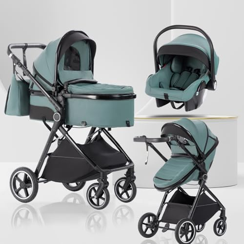 Lnhcrbs Cochecito Bebe 3 Piezas con Capazo, para 0-3 Años-Azul verdoso