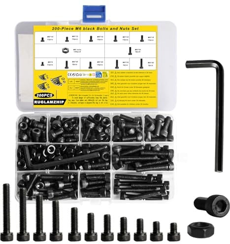 200 Pcs M6 Bolts & Nuts Set | Steel with Black Finish, Hex Socket Head, Includes a Wrench. Ideal for Motorcycle, And General DIY Repairs.