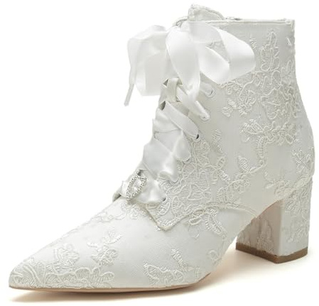 HFWXYSA Damen Chunky Blockabsatz Mittlerem Hoher High Absatz Heel Stiefeletten Schnüren Schnürung Geschlossene Spitze Zehenkappe Schuhe Satin Spitz Winterboots,Elfenbein,43 EU