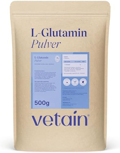 VETAIN L-Glutamin Pulver - 500g - reines & ultrafeines Glutamine | Aminosäure aus Fermentation - vegan, hochdosiert & ohne Zusatzstoffe - geschmacksneutral – in Deutschland produziert