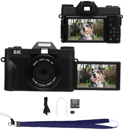 BuyWeek Fotocamera Digitale 6K 64MP con WiFi, Fotocamera per Vlogging HD con Zoom 16X e Messa a Fuoco Automatica con Schermo Ruotabile a 180 Gradi 3 Pollici, Selfie, Flash LED/luce di (Nera)